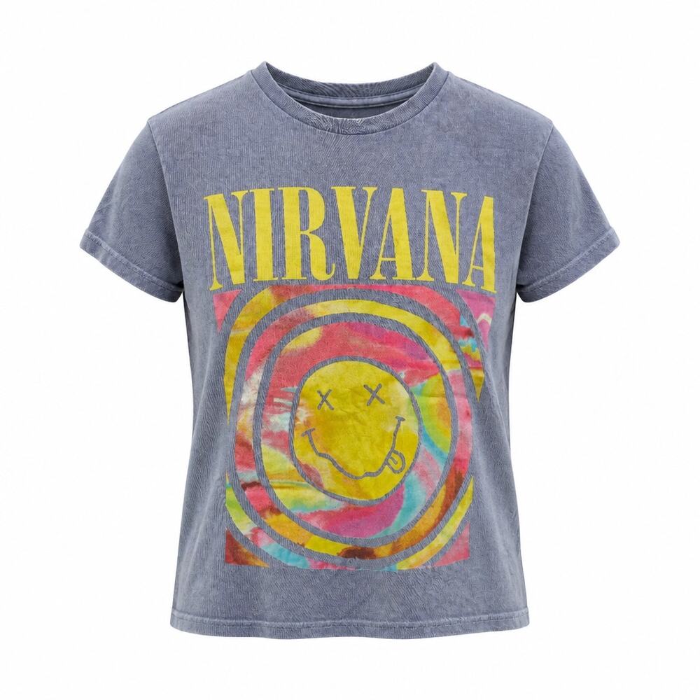 Nirvana Graphic Tee T-Shirt Small S Gray Mineral Wash Tie Dye Smiley Face